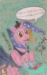 Size: 1572x2501 | Tagged: safe, artist:edhelistar, character:luster dawn, character:princess luna, species:pony, species:unicorn, episode:the last problem, g4, my little pony: friendship is magic, bag, bipedal, candy, cardboard wings, clothing, costume, cute, dialogue, dialogue balloon, fake cutie mark, fake wings, female, food, hoof hold, hoof shoes, kanji, lollipop, looking at you, lusterbetes, mare, nightmare night, nightmare night costume, open mouth, post-it, signature, simple background, solo, tengwar, text, traditional art