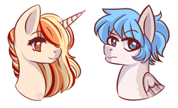 Size: 1684x1027 | Tagged: safe, artist:sinamuna, oc, oc only, oc:sweet scent, species:pegasus, species:pony, species:unicorn, art trade, blonde hair, blue eyes, blue hair, bust, female, frown, horn, male, mare, orange eyes, orange hair, pair, ponytail, red hair, simple background, smiling, stallion, transparent background, wings