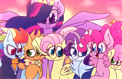 Size: 4300x2800 | Tagged: safe, artist:saveraedae, character:applejack, character:fluttershy, character:li'l cheese, character:pinkie pie, character:rainbow dash, character:rarity, character:twilight sparkle, character:twilight sparkle (alicorn), species:alicorn, species:pony, ship:appledash, episode:the last problem, g4, my little pony: friendship is magic, alternate hairstyle, blushing, clothing, cute, female, filly, granny smith's scarf, group, hat, holding hooves, lesbian, looking at each other, looking at you, mane six, mother and son, older, older applejack, older fluttershy, older mane six, older pinkie pie, older rainbow dash, older rarity, older twilight, princess twilight 2.0, shipping, sunset