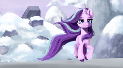Size: 793x442 | Tagged: safe, artist:livitoza, character:starlight glimmer, species:pony, species:unicorn, episode:the ending of the end, g4, my little pony: friendship is magic, badass, cool guys don't look at explosions, female, mare, scene interpretation, snow, solo, walking