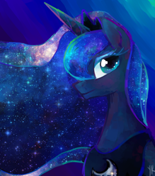 Size: 700x800 | Tagged: dead source, safe, artist:dotoriii, character:princess luna, species:alicorn, species:pony, abstract background, bust, ethereal mane, female, galaxy mane, mare, profile, solo