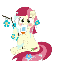 Size: 1913x2000 | Tagged: safe, artist:onil innarin, character:roseluck, species:earth pony, species:pony, episode:student counsel, blushing, cute, cuteluck, female, flower, glue, glue bottle, mouth hold, simple background, solo, stick, transparent background, vector
