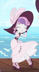 Size: 347x631 | Tagged: safe, artist:sapphiregamgee, character:sweetie belle, my little pony:equestria girls, clothing, cloud, cropped, cute, dawwww, diasweetes, dress, female, gloves, hat, i can't believe it's not hasbro studios, jewelry, necklace, ocean, pier, rose dewitt bukater, shoes, solo, sweet dreams fuel, titanic, wind