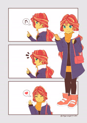 Size: 1791x2529 | Tagged: safe, artist:dragonemperror2810, character:sunset shimmer, species:human, my little pony:equestria girls, anime, cellphone, clothing, coat, cute, dialogue, eyes closed, female, handbag, heart, looking at you, music notes, phone, pictogram, scarf, shimmerbetes, shoes, smiling, solo, speech bubble, waving