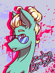 Size: 815x1080 | Tagged: safe, artist:chebypattern, character:zephyr breeze, species:pegasus, species:pony, abstract background, glasses, looking at you, male, needs more saturation, smiling, solo, text