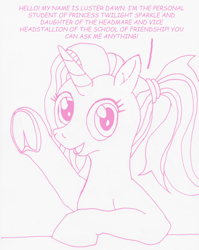 Size: 1280x1606 | Tagged: safe, artist:asklustiedawn, artist:edhelistar, character:luster dawn, species:pony, species:unicorn, episode:the last problem, g4, my little pony: friendship is magic, dialogue, female, frog (hoof), implied starburst, looking at you, luster dawn is starlight's and sunburst's daughter, mare, mixed media, monochrome, ponytail, simple background, solo, text, tumblr:ask luster dawn, underhoof, waving, white background