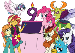 Size: 3730x2661 | Tagged: safe, artist:pokecure123, character:autumn blaze, character:gallus, character:megan williams, character:pinkie pie, character:princess flurry heart, character:rarity, character:sunset shimmer, character:thorax, species:alicorn, species:changeling, species:griffon, species:kirin, species:pony, species:reformed changeling, my little pony:equestria girls, cake, food, happy birthday mlp:fim, mlp fim's ninth anniversary