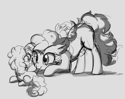 Size: 1057x832 | Tagged: safe, artist:aureai-sketches, character:li'l cheese, character:pinkie pie, species:earth pony, species:pony, episode:the last problem, g4, my little pony: friendship is magic, alternate hairstyle, colt, female, happy, male, mare, mlp fim's ninth anniversary, monochrome, open mouth, scrunchy face, simple background, sketch, smiling, tongue out, white background, wip