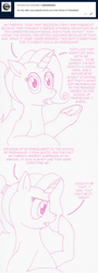 Size: 690x1920 | Tagged: safe, artist:asklustiedawn, artist:edhelistar, character:luster dawn, species:pony, species:unicorn, episode:the last problem, g4, my little pony: friendship is magic, 2 panel comic, anonymous, ask, comic, description is relevant, dialogue, female, frog (hoof), implied school of friendship, implied starburst, implied twilight sparkle, looking at you, luster dawn is starlight's and sunburst's daughter, mare, mixed media, monochrome, open mouth, ponytail, spanish text, story in the source, story included, talking to viewer, text, thinking, tumblr, tumblr:ask luster dawn, underhoof