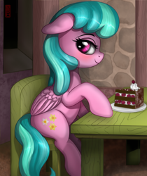 Size: 2340x2790 | Tagged: safe, artist:celsian, species:pegasus, species:pony, background pony, blushing, cake, chair, desk, female, floppy ears, flower flight, food, lidded eyes, looking at you, mare, name proposal, name suggestions, our town, raised hoof, sitting, smiling, solo, unnamed character, unnamed pony