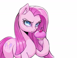 Size: 1600x1200 | Tagged: safe, artist:noupie, character:pinkamena diane pie, character:pinkie pie, species:earth pony, species:pony, cherry, cupcake, female, food, looking at you, mare, simple background, solo, white background