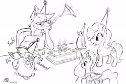 Size: 3000x2000 | Tagged: safe, artist:magnificent-arsehole, character:pinkie pie, character:princess luna, non-mlp oc, oc, species:bird, species:penguin, birthday cake, cake, food, furby, furry, huskie