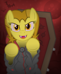 Size: 2500x3000 | Tagged: safe, artist:devfield, oc, oc only, oc:golden star, species:earth pony, species:pony, bat, blood moon, bloodshot eyes, blurred background, blurry, button, canyon, cape, clothing, coffin, costume, fangs, female, grin, halloween, halloween costume, hinges, holiday, hooves, hooves up, jumpscare, mare, moon, nightmare night, nightmare night costume, open mouth, red background, red sky, shading, shadow, show accurate, simple background, smiling, solo, stars, two toned mane, vampire, vignette, yellow eyes