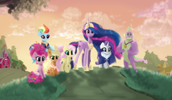 Size: 3000x1750 | Tagged: safe, artist:livitoza, character:applejack, character:fluttershy, character:pinkie pie, character:rainbow dash, character:rarity, character:spike, character:twilight sparkle, character:twilight sparkle (alicorn), species:alicorn, species:dragon, species:pegasus, species:pony, species:unicorn, episode:the last problem, g4, my little pony: friendship is magic, end of ponies, gigachad spike, mane seven, mane six, older, older applejack, older fluttershy, older mane seven, older mane six, older pinkie pie, older rainbow dash, older rarity, older spike, older twilight, princess twilight 2.0, scene interpretation