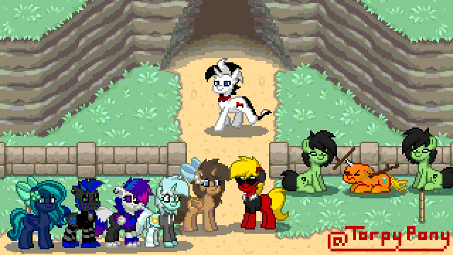 Size: 640x360 | Tagged: safe, artist:torpy-ponius, character:lyra heartstrings, character:pinkie pie, oc, oc:anon, oc:hey ladies, oc:midnight mist, oc:torpy, species:pony, pony town, animated, birthday, birthday cake, cake, food, gif, impossibly long neck, pixel art, stripper pole