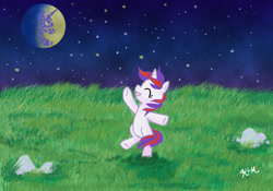 Size: 1536x1077 | Tagged: safe, artist:catscratchpaper, character:moondancer (g1), species:pony, g1, bipedal, dancing, g1 to g4, generation leap, mare in the moon, moon, night, stars