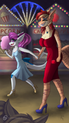 Size: 1080x1920 | Tagged: safe, artist:obscuredragone, oc, oc:bleu, oc:silver veil, species:anthro, amusement park, apple, big breasts, breasts, clothing, cotton candy, couple, date, dress, food, happy, high heels, holding hands, night, original species, photo, shark, shark pony, shark tail, shark teeth, shoes, short, silly, small breasts, stripes, tail, tall, walking, woman