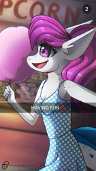 Size: 524x931 | Tagged: safe, alternate version, artist:obscuredragone, oc, oc:bleu, species:anthro, amusement park, apple, breasts, caption, clothing, cotton candy, couple, date, dots, dress, female, food, happy, high heels, holding hands, night, original species, pink hair, shark, shark pony, shark tail, shark teeth, shoes, small breasts, snapchat, snaphorse, solo, text, walking