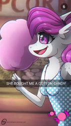 Size: 524x931 | Tagged: safe, artist:obscuredragone, oc, oc:bleu, species:anthro, amusement park, apple, breasts, caption, clothing, cotton candy, couple, date, dress, female, food, happy, high heels, original species, shark, shark pony, shark tail, shark teeth, shoes, small breasts, snapchat, snaphorse, solo, text, walking