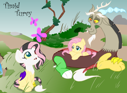 Size: 2292x1667 | Tagged: safe, artist:inkwell, character:discord, character:fluttershy, oc, oc:timid turvy, parent:discord, parent:fluttershy, parents:discoshy, species:draconequus, ship:discoshy, butterfly, draconequus oc, female, hybrid, interspecies offspring, male, offspring, shipping, straight