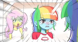 Size: 1000x544 | Tagged: safe, artist:ceitama, character:fluttershy, character:rainbow dash, my little pony:equestria girls, alternate hairstyle, manebow sparkle, mirror, reflection, sweat, sweatdrops, teary eyes, trembling