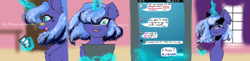 Size: 4128x1000 | Tagged: safe, artist:livitoza, character:princess luna, species:pony, cellphone, chat, comic, cyrillic, female, glowing horn, horn, levitation, magic, mare, open mouth, phone, solo, telekinesis, texting, translated in the description