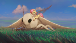 Size: 1920x1080 | Tagged: safe, artist:quvr, character:fluttershy, species:pegasus, species:pony, female, fluffy, giant insect, giant moth, insect, looking at you, mare, moth, one eye closed, size difference, smiling, solo
