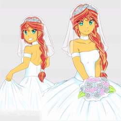 Size: 1791x1791 | Tagged: safe, artist:dragonemperror2810, character:sunset shimmer, my little pony:equestria girls, alternate hairstyle, clothing, cute, dress, female, flower, grin, looking at you, looking back, looking back at you, looking over shoulder, marriage, shimmerbetes, smiling, solo, wedding, wedding dress