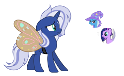 Size: 1024x635 | Tagged: safe, artist:sapphiretwinkle, character:trixie, oc, parent:trixie, parents:canon x oc, species:pony, canon x oc, cardboard wings, fake wings, magical lesbian spawn, offspring