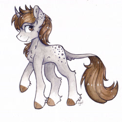 Size: 1972x1972 | Tagged: safe, artist:lightisanasshole, oc, oc:dorm pony, species:pony, species:unicorn, brown eyes, brown mane, cheek fluff, chest fluff, ear fluff, female, fluffy, freckles, gray coat, hooves, leg fluff, looking back, next generation, raised hoof, remake, simple background, solo, tail, traditional art, transparent background, watercolor painting