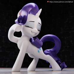 Size: 2160x2160 | Tagged: safe, artist:therealdjthed, character:rarity, species:pony, species:unicorn, 3d, 3d model, blender, cute, cycles, cycles render, eyes closed, fabulous, female, high res, mare, model:djthed, patreon, patreon logo, pose, raribetes, smiling, solo