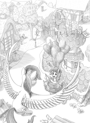 Size: 3000x4125 | Tagged: safe, artist:fynjy-87, character:blossomforth, character:cloud kicker, character:pinkie pie, character:rainbow dash, species:pegasus, species:pony, fanfic:the life and times of a winning pony, black and white, commission, fanfic art, grayscale, high res, illustration, monochrome, ponyville, sugarcube corner