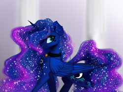 Size: 4128x3096 | Tagged: safe, artist:livitoza, character:princess luna, species:alicorn, species:pony, chest fluff, collar, ear fluff, ethereal mane, female, galaxy mane, high res, looking at you, mare, pet, pet tag, smiling, smiling at you, solo