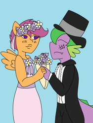 Size: 1536x2048 | Tagged: safe, artist:mintymelody, character:scootaloo, character:spike, species:anthro, species:pegasus, species:pony, ship:scootaspike, episode:a canterlot wedding, g4, my little pony: friendship is magic, clothing, female, flower filly, flower girl, flower girl dress, hat, holding hands, male, marriage, shipping, sidemouth, straight, suit, top hat, tuxedo, wedding, wedding bouquet