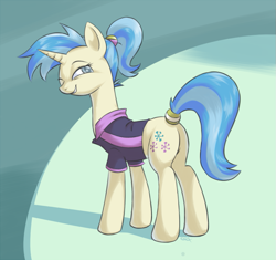 Size: 869x817 | Tagged: safe, artist:yeendip, character:allie way, species:pony, species:unicorn, clothing, female, mare, one eye closed, plot, shirt, solo, tail wrap, wink