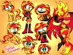 Size: 800x600 | Tagged: safe, artist:vdru7, character:sunset satan, character:sunset shimmer, species:pony, species:unicorn, equestria girls:equestria girls, g4, my little pony: equestria girls, my little pony:equestria girls, big crown thingy, crying, cute, demon, element of magic, eye clipping through hair, female, human ponidox, jewelry, mare, multeity, open mouth, orange background, ponidox, regalia, self ponidox, shimmerbetes, shimmerstorm, simple background, sitting, solo, sunset satan