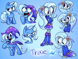Size: 800x600 | Tagged: safe, artist:vdru7, character:trixie, species:pony, species:unicorn, my little pony:equestria girls, blue background, cute, diatrixes, female, human ponidox, mare, multeity, open mouth, ponidox, self ponidox, simple background, sitting, solo