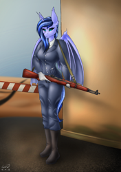 Size: 2400x3400 | Tagged: safe, artist:catd-nsfw, oc, oc:gloom spectrum, species:alicorn, species:anthro, species:pony, asphalt, bat wings, bored, clothing, gloves, looking forward, m1 garand, necktie, outpost, post, solo, uniform, weapon, wings, ych result