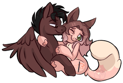 Size: 731x493 | Tagged: safe, artist:sinamuna, oc, oc only, oc:cinnamon fawn, oc:sovereign ashes, species:earth pony, species:pegasus, species:pony, big ears, black hair, boyfriend and girlfriend, brown eyes, brown fur, brown hair, chinchilla, couple, cuddling, cute, cutie mark, eye contact, facial hair, female, fluffy, fluffy hair, fluffy tail, goatee, gradient hair, green eyes, hazel eyes, heart hooves, hug, hybrid, large ears, looking at each other, male, mare, nuzzling, one eye closed, original, pink fur, pink hair, pony hybrid, simple background, smiling, stallion, stubble, transparent background, wings, wink
