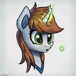 Size: 3000x3000 | Tagged: safe, artist:adagiostring, oc, oc only, oc:littlepip, species:pony, species:unicorn, fallout equestria, bust, clothing, cute, drug use, drugs, fanfic, fanfic art, female, high res, horn, magic, mare, portrait, simple background, solo, telekinesis, vault suit, white background