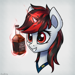 Size: 3000x3000 | Tagged: safe, artist:adagiostring, oc, oc only, oc:blackjack, species:pony, species:unicorn, fallout equestria, fallout equestria: project horizons, alcohol, alcoholic, alcoholism, bust, cute, female, grin, high res, horn, magic, mare, portrait, simple background, small horn, smiling, solo, telekinesis, whiskey, white background, wild pegasus