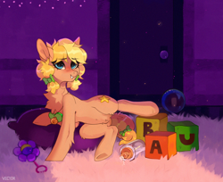 Size: 1200x980 | Tagged: safe, artist:artsandadopts, artist:zlatavector, oc, oc only, species:earth pony, species:pony, adult foal, baby bottle, featureless crotch, female, mare, playroom, solo
