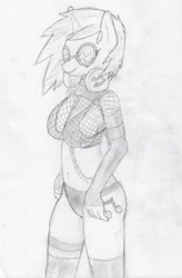 Size: 1656x2521 | Tagged: safe, artist:fluor1te, character:dj pon-3, character:vinyl scratch, species:anthro, species:pony, species:unicorn, big breasts, breasts, busty vinyl scratch, clothing, female, fishnets, glasses, headphones, leather, monochrome, pencil drawing, sketch, socks, solo, straps, sunglasses, thigh highs, traditional art