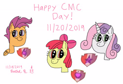 Size: 2888x1977 | Tagged: safe, artist:royalsmurf, artist:smurfettyblue, character:apple bloom, character:scootaloo, character:sweetie belle, species:earth pony, species:pegasus, species:pony, species:unicorn, cmc day, cutie mark, cutie mark crusader day, cutie mark crusaders, female, filly, older, older apple bloom, older cmc, older scootaloo, older sweetie belle, pink text, signature, simple background, the cmc's cutie marks, white background