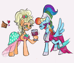 Size: 1280x1093 | Tagged: safe, artist:laya-21, character:applejack, character:rainbow dash, character:trenderhoof, species:pony, ship:appledash, alternate hairstyle, applejack also dresses in style, applejewel, eyes closed, female, floating heart, glass, grin, heart, lesbian, male, megaradash, nervous, nervous grin, offscreen character, open mouth, rainbow dash always dresses in style, shipping, smiling, stallion, sweat, trembling