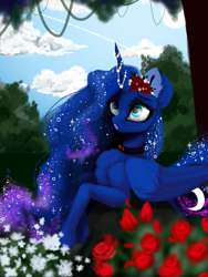Size: 3096x4128 | Tagged: safe, artist:livitoza, character:princess luna, species:alicorn, species:pony, cloud, collar, female, flower, flower in hair, horn, horn jewelry, jewelry, solo