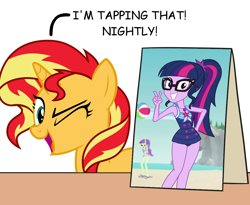 Size: 1100x900 | Tagged: safe, artist:mkogwheel edits, artist:nano23823, edit, screencap, character:starlight, character:sunset shimmer, character:twilight sparkle, character:twilight sparkle (scitwi), species:eqg human, species:pony, species:unicorn, ship:scitwishimmer, ship:sunsetsparkle, equestria girls:forgotten friendship, g4, my little pony: equestria girls, my little pony:equestria girls, applejack's sign, caption, clothing, female, geode of telekinesis, image macro, implied sex, lesbian, magical geodes, mare, one eye closed, shipping, sign, simple background, starlight, swimsuit, text, transparent background, vector, wink