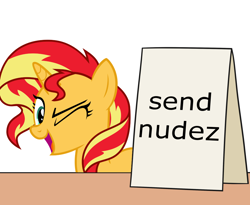 Size: 1100x900 | Tagged: safe, artist:mkogwheel edits, artist:nano23823, edit, character:sunset shimmer, species:pony, species:unicorn, my little pony:equestria girls, applejack's sign, female, mare, one eye closed, send nudes, sign, simple background, solo, text, transparent background, vector, we don't normally wear clothes, wink