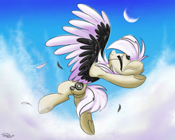 Size: 2000x1600 | Tagged: safe, artist:hydrargyrum, oc, oc only, species:pegasus, species:pony, armpits, cloud, colored wings, dancing, eyes closed, feather, female, flying, mare, moon, multicolored wings, solo, underhoof, wings