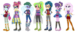 Size: 1396x600 | Tagged: safe, artist:karalovely, character:fleur-de-lis, character:indigo zap, character:lemon zest, character:sour sweet, character:sugarcoat, character:sunny flare, character:suri polomare, my little pony:equestria girls, female, shadow five
